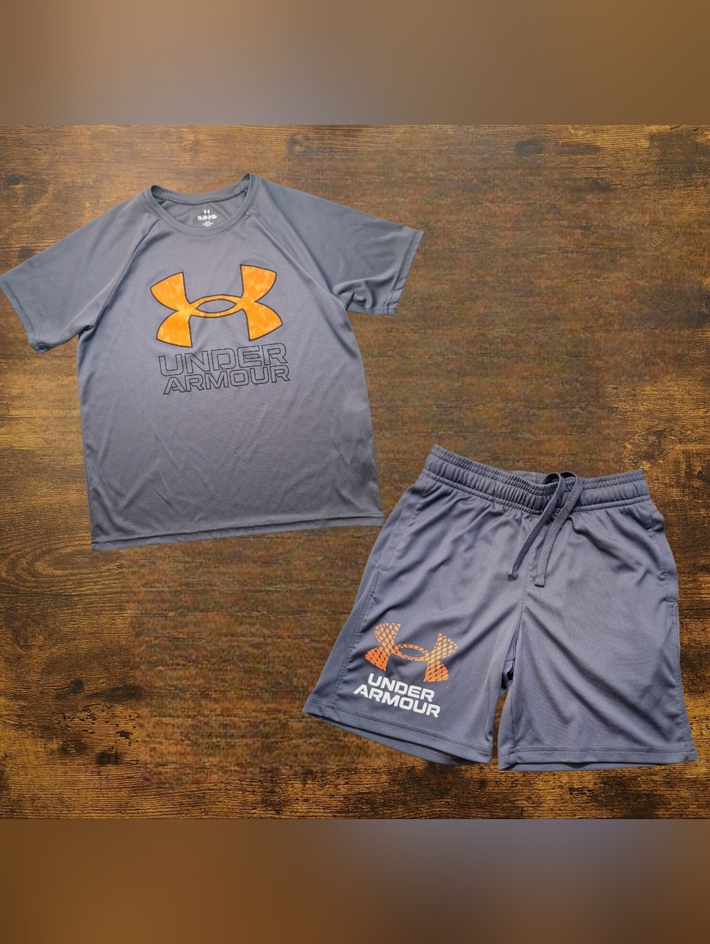 Under Armour Gray Active Tee and Shorts with Orange Logos
